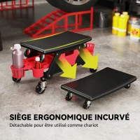 HOMCOM Tabouret d'atelier mobile 135 kg, tabouret de mécanicien avec roulettes rotatif à 360° avec plateaux, 86x33x33cm, rouge(m-5)