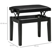 HOMCOM Panca per pianoforte, sgabello per pianoforte, regolabile in altezza, elegante in pelle sintetica+legno di gomma, nero, 63 x 33 x 56cm(m-3)