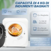 HOMCOM Asciugatrice ad Aria Carico 4kg con Timer e Programma Smart, in Acciaio Inox e ABS, 48x40x56 cm, Bianco(m-5)
