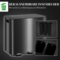 HOMCOM Mülleimer mit 3 x 20 L Fächern, Deodorant-Deckel, fingerabdrucksicher, Soft-Close, herausnehmbar, Schwarz(m-7)