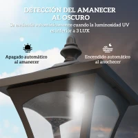 Outsunny Farola Solar Exterior Luz Solar Exterior Jardín Lámpara de Pie con Apagado Automático IP44 para Exteriores Patio Terraza 15x15x120 cm Negro(m-5)