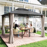 Outsunny 3.6 x 3 (m) Outdoor Polycarbonate Gazebo, Double Roof Hard Top Gazebo with Nettings & Curtains for Garden, Lawn, Patio(m-2)