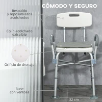 HOMCOM Silla Ducha Personas Mayores con Respaldo Reposabrazos Altura Ajustable Cojín Acolchado Extraíble Carga 136 kg Gris(m-4)