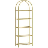 HOMCOM Raft de Depozitare Arcuit cu 5 Nivele din Oțel și Sticlă Securizată, 60x30x175 cm, Auriu(m-1)