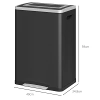 HOMCOM Bidone Immondizia a 2 Sezioni da 20L con Coperchio Silenzioso, in Acciaio Inox e PP, 40x34.8x59 cm, Nero(m-3)