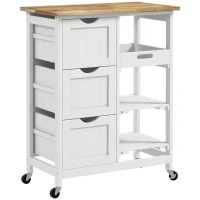 HOMCOM Rolling Kitchen Island Cart, Bar Serving Cart, Compact Trolley on Wheels with Wood Top, Shelves & Drawers for Home Dining Area, White(m-1)