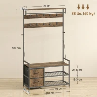 HOMCOM 6-in-1 Kapstok met Schoenenbank en Schoenenrek, Industrieel Ontwerp, 10 Haken, 2 Stoffen Laden, Metaal, Bruin(m-3)