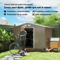 Outsunny Abri de jardin 5,4 m² 2,77 x 1,95 x 1,92 m fondation incluse porte coulissante ventilations tôle acier, marron clair(m-4)
