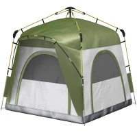 Outsunny Instant Pop Up Camping Tent, 4 Man Dome Tent with 4 Doors, Sewn-in Groundsheet, Carry Bag and Top Hook for Fishing Hiking Festival, Green(m-11)