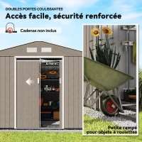 Outsunny Abri de jardin 5,4 m² 2,77 x 1,95 x 1,92 m fondation incluse porte coulissante ventilations tôle acier, marron clair(m-5)