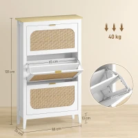 HOMCOM Meuble à chaussures 21 paires bohème avec 3 tiroirs rabattables, portes effet cannage rotin, 80 x 24 x 131 cm, blanc(m-3)