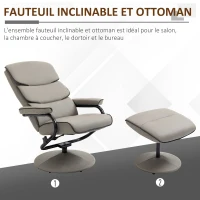 HOMCOM Fauteuil relax avec pouf, fauteuil TV avec dossier inclinable, pivotant à 360° assise rembourrée confortable, gris(m-7)