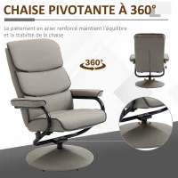 HOMCOM Fauteuil relax avec pouf, fauteuil TV avec dossier inclinable, pivotant à 360° assise rembourrée confortable, gris(m-5)