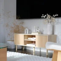 HOMCOM Mesa de TV con Puertas Correderas Estantes Abiertos Orificios para Cables para Televisión hasta 50 Pulgadas Natural(m-8)