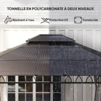 Outsunny Tonnelle de jardin avec toit polycarbonate 4 parois latérales anti-UV moustiquaires 3,6 x 3 m(m-4)