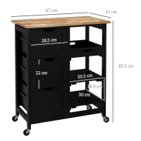 HOMCOM Carrello da Cucina con Ruote con 3 Cassetti, 2 Ripiani Aperti e Vassoio Estraibile 67x37x85,5 cm Nero(m-3)