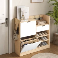 HOMCOM Range-Chaussures d'Entrée avec Tiroir Étagères Ouvertes 4 Crochets pour 14 Paires de Chaussures Naturel et Blanc(m-2)