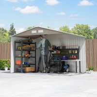 Outsunny Abrigo de Jardim 277x195x192 cm  Metálico para Armazenamento de Ferramentas com Base de Reforço Incluída Madeira(m-9)