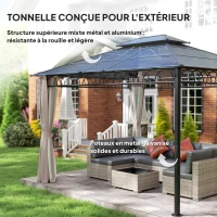 Outsunny Tonnelle de jardin avec toit polycarbonate 4 parois latérales anti-UV moustiquaires 3,6 x 3 m(m-6)