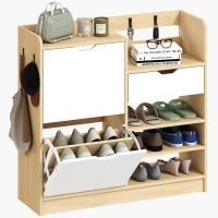 HOMCOM Range-Chaussures d'Entrée avec Tiroir Étagères Ouvertes 4 Crochets pour 14 Paires de Chaussures Naturel et Blanc(m-6)