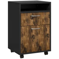 HOMCOM Dulăpior de Birou cu 4 Roți, Raft Deschis și 2 Sertare, Mobilier de Birou din Lemn și Metal, 40x35x60 cm, Maro(m-11)