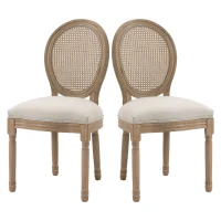 HOMCOM set van 2 eetkamerstoelen vintage keukenstoel gestoffeerde stoel met rotan rugleuning linnen touch rubber hout wit 49 x 56 x 96 cm(m-1)