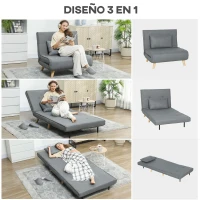 HOMCOM Sillón Cama Individual 3 en 1 Sofá Cama Plegable con Respaldo Ajustable y Cojín para Sala Dormitorio 90x78x79 cm Gris(m-6)