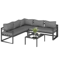 Outsunny 3-tlg. Gartengarnitur Gartenmöbel-Set mit Breitem Sitz, 4-stufig verstellbar Gartenliege Gartenset Sitzgruppe mit Beistelltisch Sofa mit Kissen Outdoor Aluminium Grau(m-10)