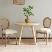 HOMCOM set van 2 eetkamerstoelen vintage keukenstoel gestoffeerde stoel met rotan rugleuning linnen touch rubber hout wit 49 x 56 x 96 cm(m-3)