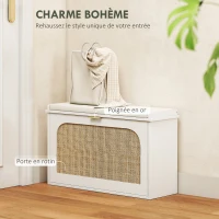 HOMCOM Banc à chaussures, banc de rangement, assise rembourrée, tiroir rabattable, porte en rotin, 80 x 26 x 47,5 cm, blanc(m-4)