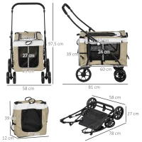 PawHut Hondenbuggy Huisdierbuggy Opvouwbaar met Afneembaar Compartiment, 81 x 58 x 97,5 cm, Zwart+Khaki+Wit(m-3)