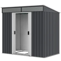 Outsunny 6.5 x 4FT Galvanised Metal Shed with Foundation Kit, Lockable Tool Garden Shed with Double Sliding Doors, Vents, Grey(m-11)