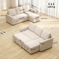 HOMCOM Divano angolare convertibile con chaise longue, vano portaoggetti e 3 cuscini per schienale, 211.5x146x85cm, crema(m-3)