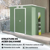Outsunny Abri de jardin 2,42m² en métal avec toit en pente cabane de jardin abri à outils fondation en acier galvanisé incluse - 2 portes coulissantes et fondation - 213 x 130 x 173 cm(m-4)