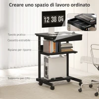 HOMCOM Scrivania PC con Cassetto Scorrevole, 2 Ripiani e 4 Rotelle, in Legno e Metallo, 56x51x79 cm, Nero(m-4)