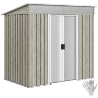 Outsunny 6.5 x 4FT Galvanised Metal Shed with Foundation Kit, Lockable Tool Garden Shed with Double Sliding Doors, Vents, Light Grey Wood Effect(m-10)