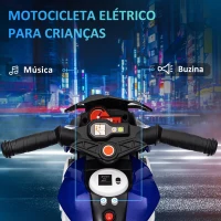 HOMCOM Motocicleta Elétrica Infantil com 3 Rodas com Bateria 6V Recarregável Funções de Música Buzina Faróis 86x42x52 cm Azul(m-4)