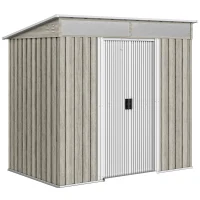 Outsunny 6.5 x 4FT Galvanised Metal Shed with Foundation Kit, Lockable Tool Garden Shed with Double Sliding Doors, Vents, Light Grey Wood Effect(m-1)