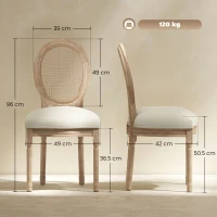 HOMCOM set van 2 eetkamerstoelen vintage keukenstoel gestoffeerde stoel met rotan rugleuning linnen touch rubber hout wit 49 x 56 x 96 cm(m-4)