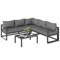 Outsunny 3-tlg. Gartengarnitur Gartenmöbel-Set mit Breitem Sitz, 4-stufig verstellbar Gartenliege Gartenset Sitzgruppe mit Beistelltisch Sofa mit Kissen Outdoor Aluminium Grau(m-1)