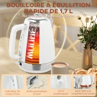 HOMCOM Ensemble bouilloire et grille-pain, bouilloire en acier inoxydable 1,7 L et 2200 W et grille-pain à 4 tranches, blanc(m-4)