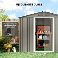 Outsunny Casută de Grădină, Magazie de Exterior pentru Unelte cu 2 Uși Culisante și 4 Prize de Aerisire, 236x174x190 cm, Gri(m-5)