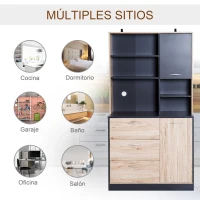 HOMCOM Armario Alacena Buffe Aparador de Cocina Mueble Auxiliar Organizador 5 Estantes 3 Cajones 2 Puertas 90x39x169cm Roble y Negro Madera(m-7)