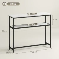 HOMCOM Consola Recibidor Estrecha con Superficie con Efecto Mármol Estante Abierto y Marco de Metal 100x30x81 cm Blanco(m-3)