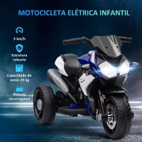 HOMCOM Motocicleta Elétrica Infantil com 3 Rodas com Bateria 6V Recarregável Funções de Música Buzina Faróis 86x42x52 cm Azul(m-5)