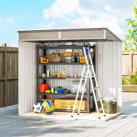 Outsunny 6.5 x 4FT Galvanised Metal Shed with Foundation Kit, Lockable Tool Garden Shed with Double Sliding Doors, Vents, Light Grey Wood Effect(m-8)
