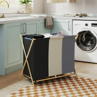 HOMCOM Cesto Portabiancheria Pieghevole a 3 Scomparti, in Bambù e Tessuto Effetto Lino, 75x48x67 cm, Multicolore(m-7)