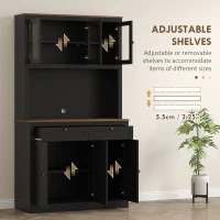 HOMCOM Dulap Înalt de Bucătărie cu 4 Dulapuri și 2 Sertare din Lemn și Sticlă Negru(m-5)