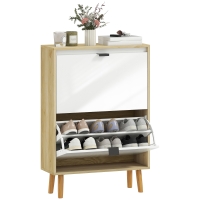 HOMCOM Scarpiere Stretto con 2 Porte in Bianco Lucido Ripiani Regolabili Gambe in Legno per 12 Paia di Scarpe