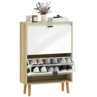 HOMCOM Scarpiere Stretto con 2 Porte in Bianco Lucido Ripiani Regolabili Gambe in Legno per 12 Paia di Scarpe(m-1)